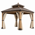 Gazebo da giardino 300 x 300 cm in legno marrone con tende e tetto in metallo