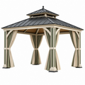 Gazebo da giardino 300 x 300 x 300 cm in metallo beige verde salvia e nero con tende - copertura a doppio tetto