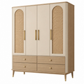 Armadio guardaroba 160 x 55 x 200 cm in legno beige con inserti in rattan - 4 ante e 4 cassetti