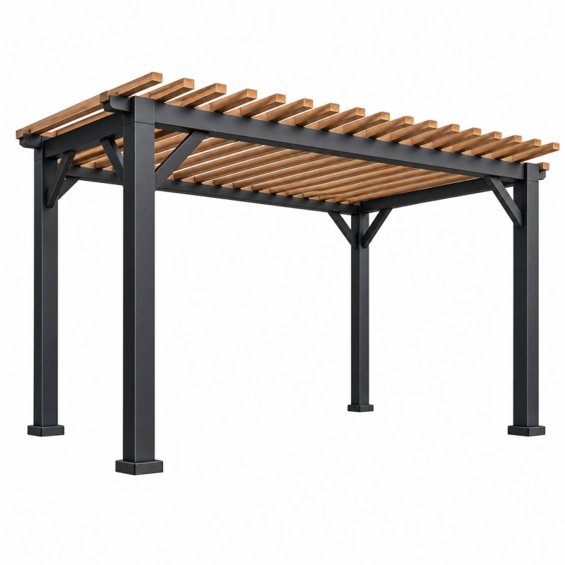 Pergola 400 x 300 x 230 cm in acciaio e legno nero e marrone per esterno - copertura a listelli moderna