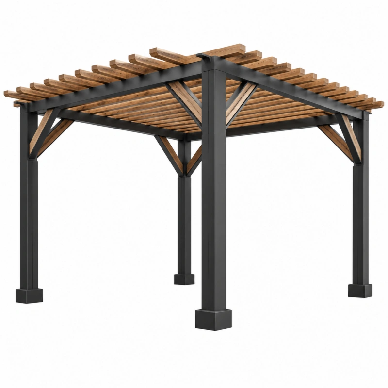 Pergola da giardino 300x300x240 cm in acciaio e legno nero/marrone - struttura ombreggiante per esterno