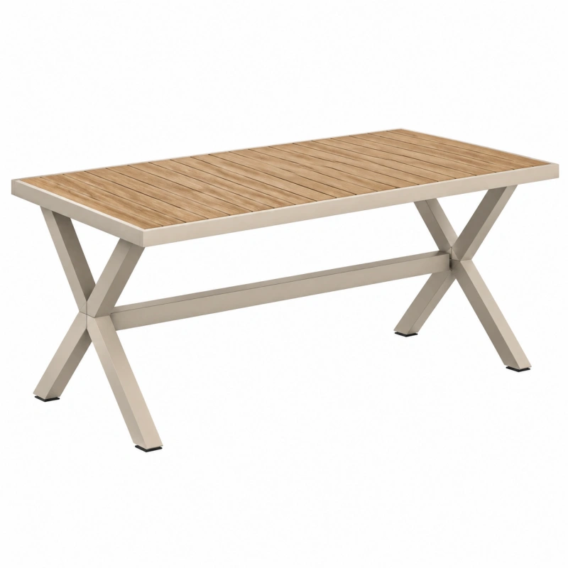 Tavolo da giardino 160 x 90 x 75 cm con piano effetto legno e struttura in metallo beige